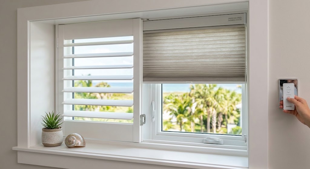 Motorized solar shade integrated with custom interior window treatments in a modern Florida home.